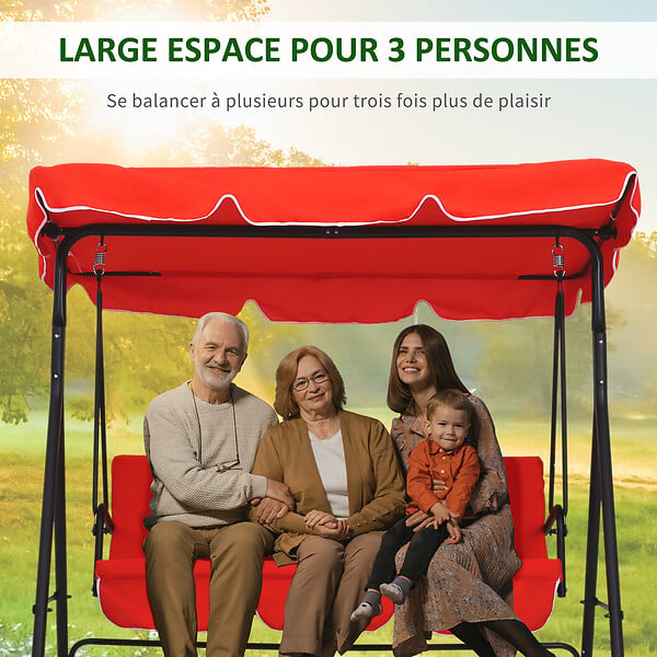 OUTSUNNY - Balancelle de jardin 3 places toit inclinaison réglable coussins assise et dossier 1,72L x 1,1l x 1,52H m acier noir polyester rouge - large