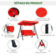 OUTSUNNY - Balancelle de jardin 3 places toit inclinaison réglable coussins assise et dossier 1,72L x 1,1l x 1,52H m acier noir polyester rouge - vignette