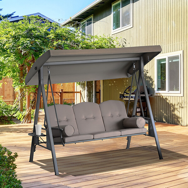 OUTSUNNY - Balancelle de jardin 3 places grand confort toit inclinaison réglable coussins plateaux rétractables polyester filé marron - large
