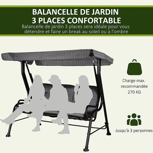 OUTSUNNY - Balancelle de jardin 3 places grand confort toit inclinaison réglable épais coussins amovibles polyester acier époxy gris noir - large