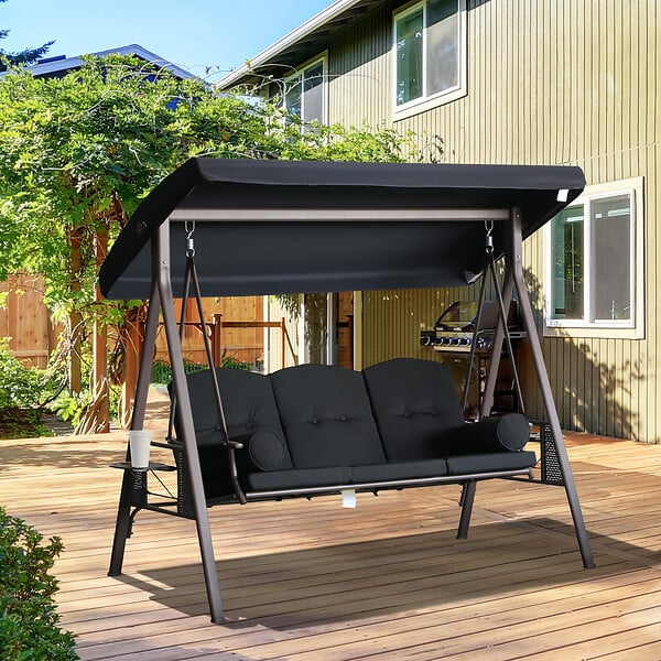 OUTSUNNY - Balancelle de jardin 3 places grand confort toit inclinaison réglable coussins plateaux rétractables polyester filé noir - large