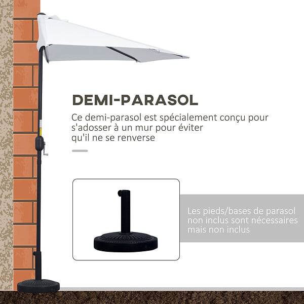 OUTSUNNY - Demi parasol - parasol de balcon - ouverture fermeture manivelle - acier polyester haute densité blanc - large