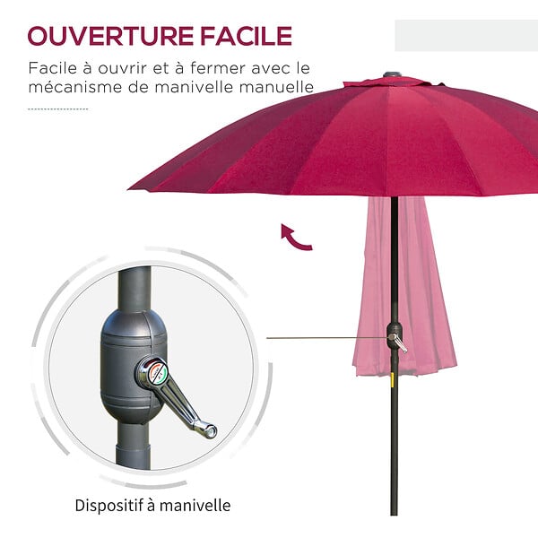 OUTSUNNY - Parasol inclinable rond avec manivelle métal fibre de verre Ø 2,55 m polyester haute densité bordeaux - large