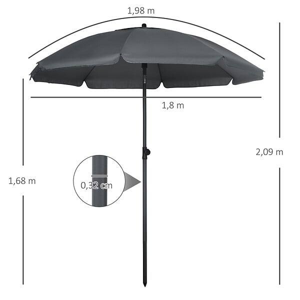 OUTSUNNY - Parasol inclinable octogonal  Ø 1,8 x 2,09H m acier époxy polyester 160 g/m² anti-UV50+ gris - large