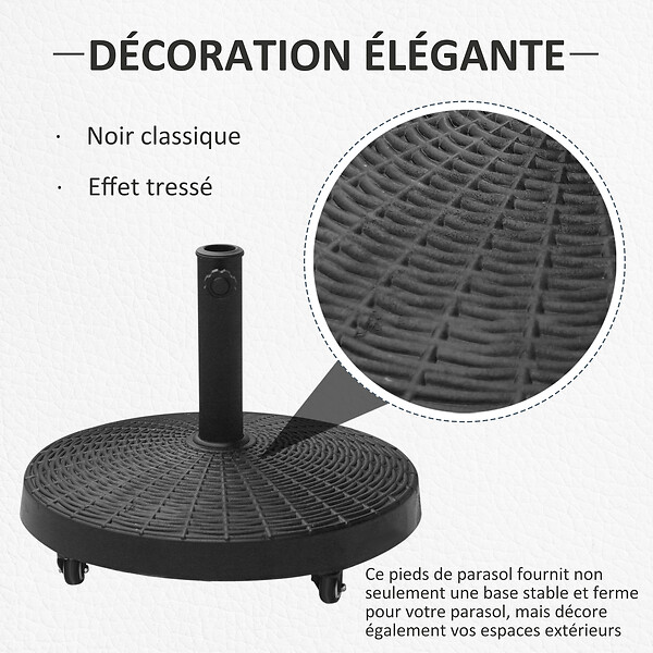 OUTSUNNY - Pied de parasol base de lestage rond poids net 22,7kg en résine avec 4 roulettes - dim. Ø 52 x 41H cm - noir - large