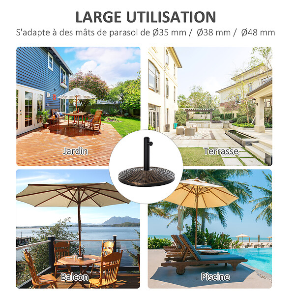 OUTSUNNY - Pied de parasol rond base de lestage Ø 53 x 35,5 cm résine imitation rotin poids net 25 Kg noir bronze - large