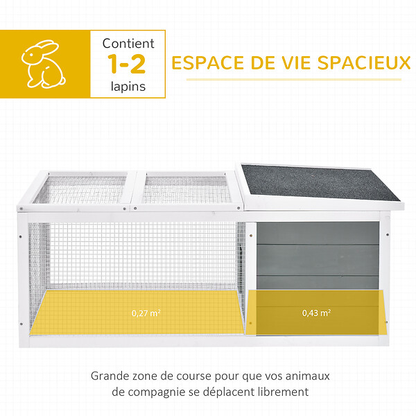 PAWHUT - Clapier de sol enclos extérieur niche porte double toit ouvrant fil métallique bois sapin pré-huilé peint gris blanc - large
