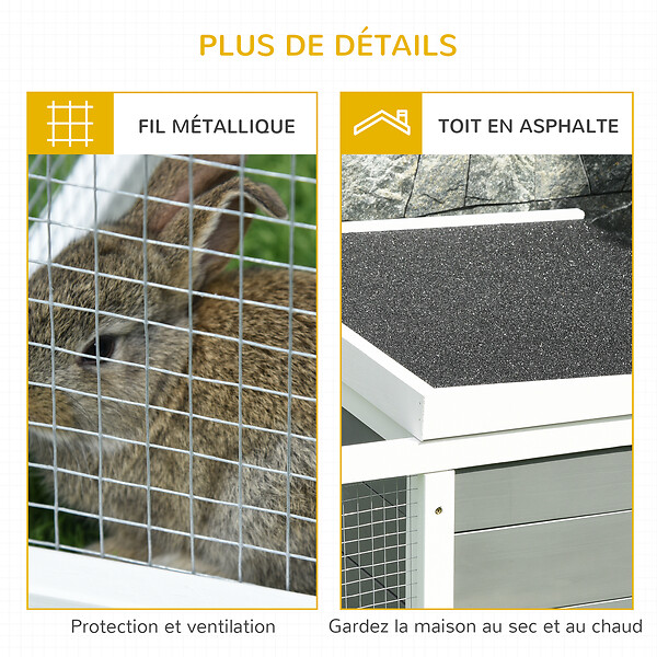 PAWHUT - Clapier de sol enclos extérieur niche porte double toit ouvrant fil métallique bois sapin pré-huilé peint gris blanc - large