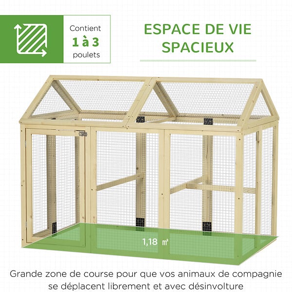 PAWHUT - Enclos poulailler chenil 1,23 m² - parc grillagé dim 140L x 88,5l x 106H cm - 2 portes verrouillables - bois sapin - large