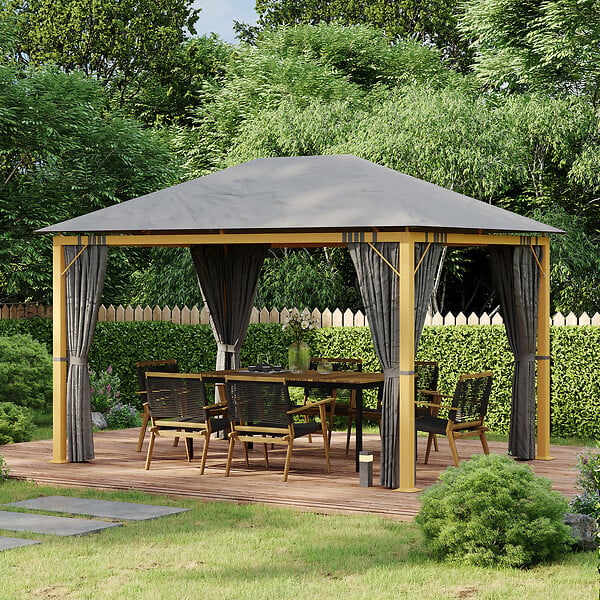 OUTSUNNY - Pavillon de jardin style contemporain - barnum avec rideaux - dim. 3,97L x 2,97l x 2,8H m - alu. aspect bois polyester gris - large