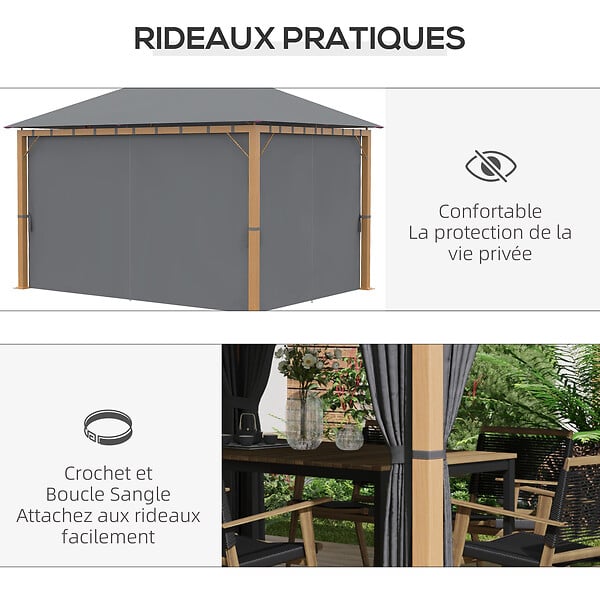 OUTSUNNY - Pavillon de jardin style contemporain - barnum avec rideaux - dim. 3,97L x 2,97l x 2,8H m - alu. aspect bois polyester gris - large