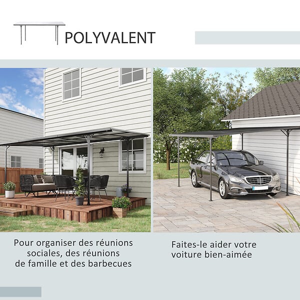 OUTSUNNY - Pergola adossable rigide acier alu. toit polycarbonate dim. 5L x 2,99l x 2,23H m gris - large
