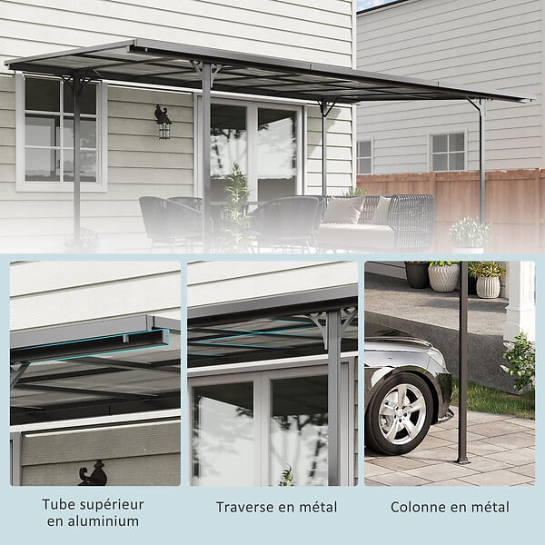 OUTSUNNY - Pergola adossable rigide acier alu. toit polycarbonate dim. 5L x 2,99l x 2,23H m gris - large