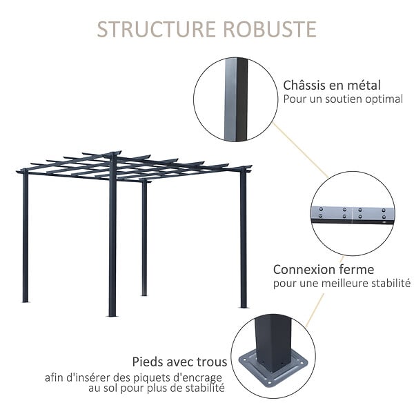 OUTSUNNY - Pergola autoportante style contemporain - toit terrasse à décorer - dim. 3L x 3l x 2,3H m - métal époxy anticorrosion noir - large
