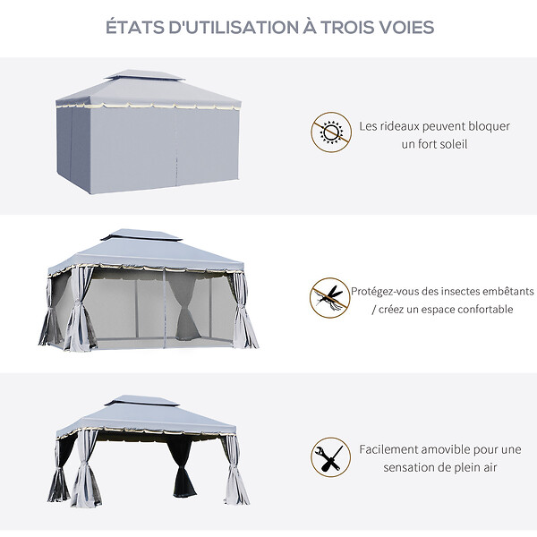 OUTSUNNY - Tonnelle barnum pavillon de jardin style colonial double toit toile moustiquaires et toiles amovibles 3,9L x 2,9l x 2,8H m gris - large
