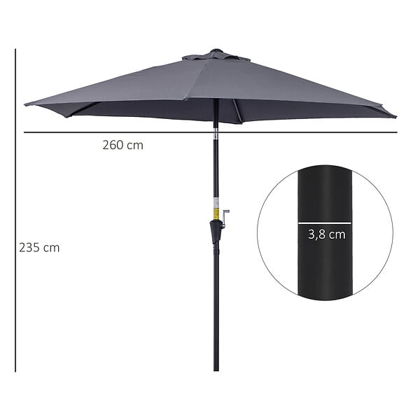 OUTSUNNY - Parasol inclinable de jardin balcon terrasse manivelle toile polyester imperméabilisée haute densité 180 g/m² Ø2,6 x 2,35H m alu gris - large