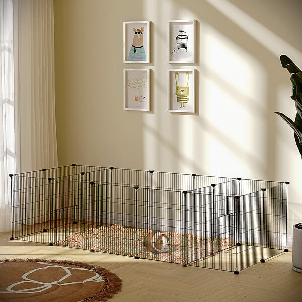 PAWHUT - Parc enclos modulable petits animaux lapins rongeurs chiots - 18 panneaux en fil d'acier - 2 portes - 175L x 70l x 45H cm - noir - large