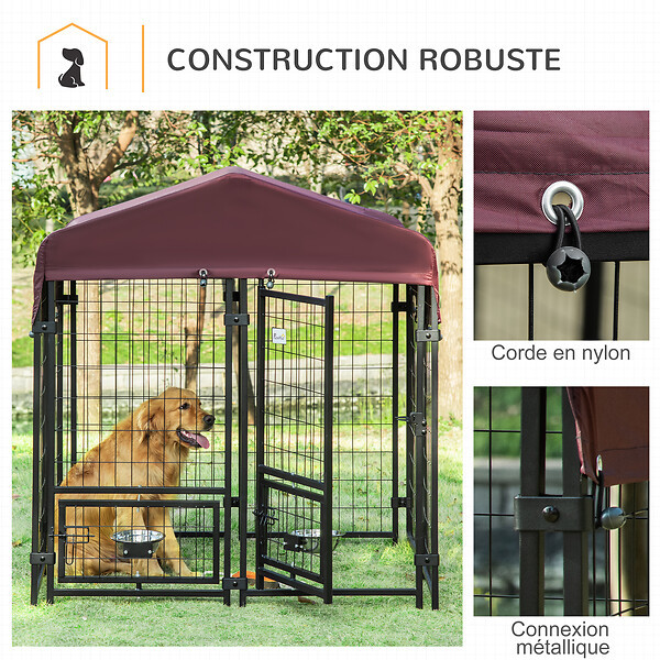 PAWHUT - Chenil extérieur pour chien - cage chien - enclos chien - toile toit imperméable anti-UV, porte verrouillable, 2 bols rotatifs - acier noir oxford pourpre - large