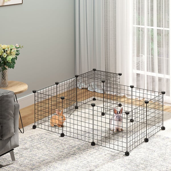 PAWHUT - Cage parc enclos rongeurs modulable dim. L 105 x l 105 x H 70 cm 2 niveaux 2 portes rampe résine PP fil métallique noir - large