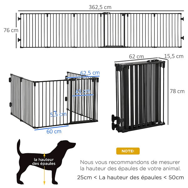 PAWHUT - PawHut Barrière de sécurité - parc enclos chien modulable pliable - porte verrouillable - 6 panneaux acier et PP - dim. 362,5L max. x 76H cm noir - large