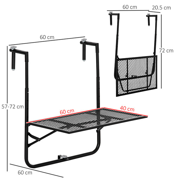 OUTSUNNY - Table suspendue de balcon pliable dim. plateau 60L x 40l cm hauteur réglable 57-72H cm métal époxy noir - large