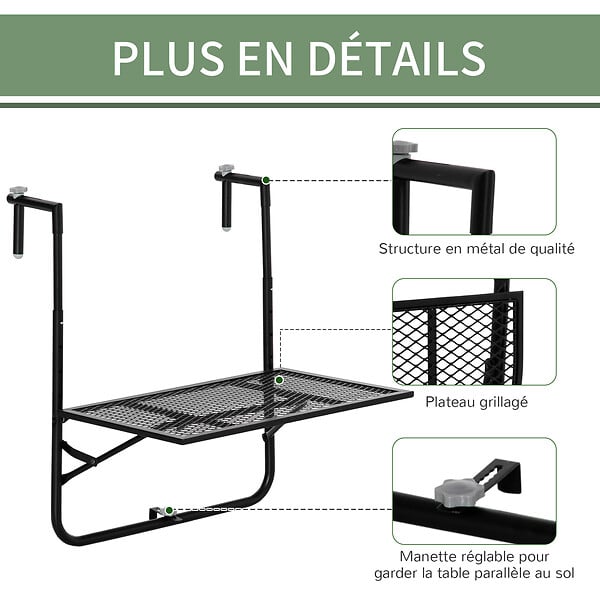 OUTSUNNY - Table suspendue de balcon pliable dim. plateau 60L x 40l cm hauteur réglable 57-72H cm métal époxy noir - large