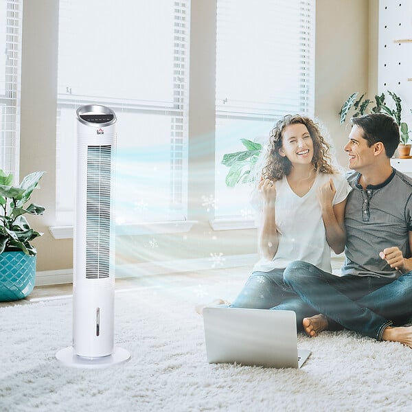 HOMCOM - HOMCOM Ventilateur colonne rafraichisseur d'air humidificateur 3 en 1 - puissance 60 W - oscillant, silencieux - timer, 3 modes, 3 vitesses - télécommande incluse - blanc - large