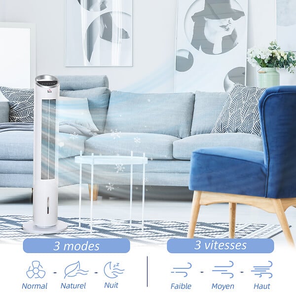 HOMCOM - HOMCOM Ventilateur colonne rafraichisseur d'air humidificateur 3 en 1 - puissance 60 W - oscillant, silencieux - timer, 3 modes, 3 vitesses - télécommande incluse - blanc - large