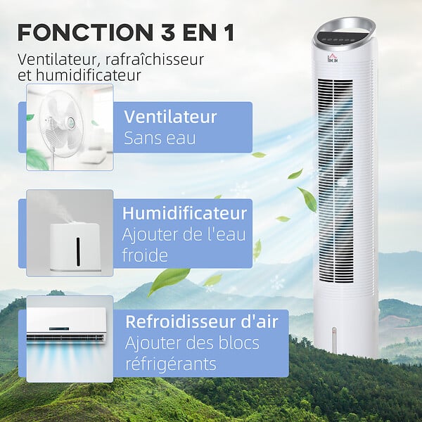 HOMCOM - HOMCOM Ventilateur colonne rafraichisseur d'air humidificateur 3 en 1 - puissance 60 W - oscillant, silencieux - timer, 3 modes, 3 vitesses - télécommande incluse - blanc - large