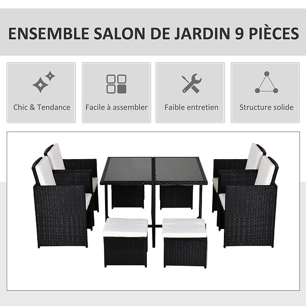OUTSUNNY - Ensemble salon de jardin encastrable 8 personnes 9 pièces résine tressée 4 fils imitation rotin noir coussins déhoussables crème - large