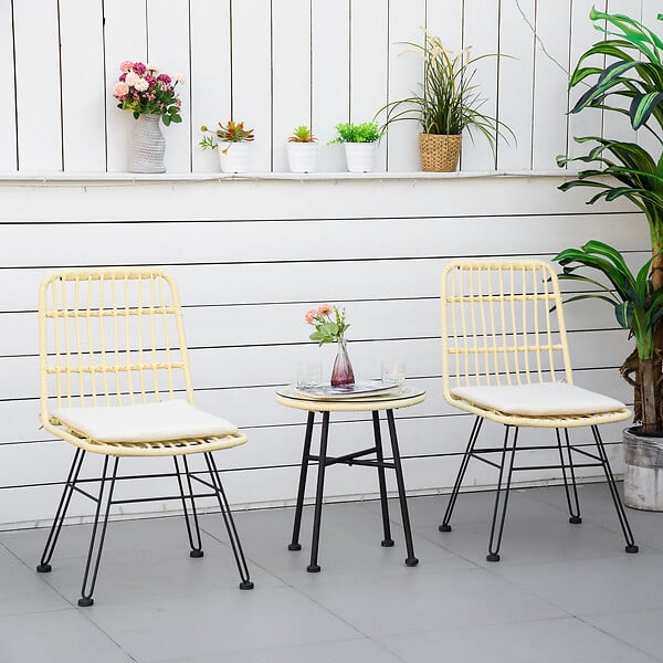 OUTSUNNY - Ensemble bistro de jardin 2 places 3 pièces style exotique 2 chaises + table basse ronde métal époxy noir résine tressée beige - large