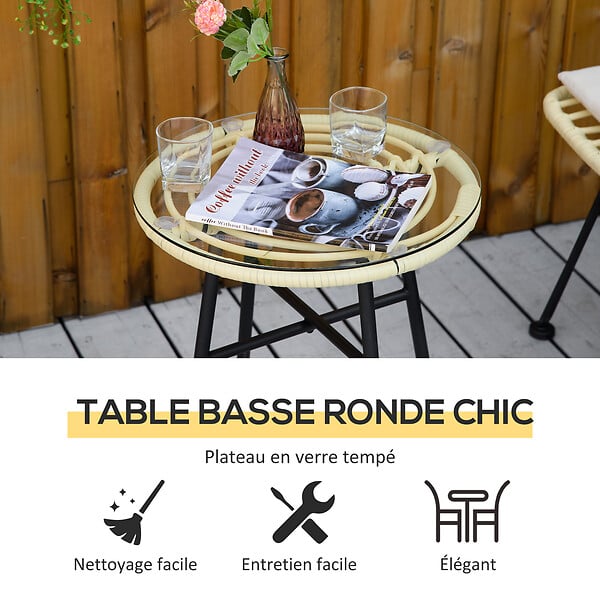 OUTSUNNY - Ensemble bistro de jardin 2 places 3 pièces style exotique 2 chaises + table basse ronde métal époxy noir résine tressée beige - large