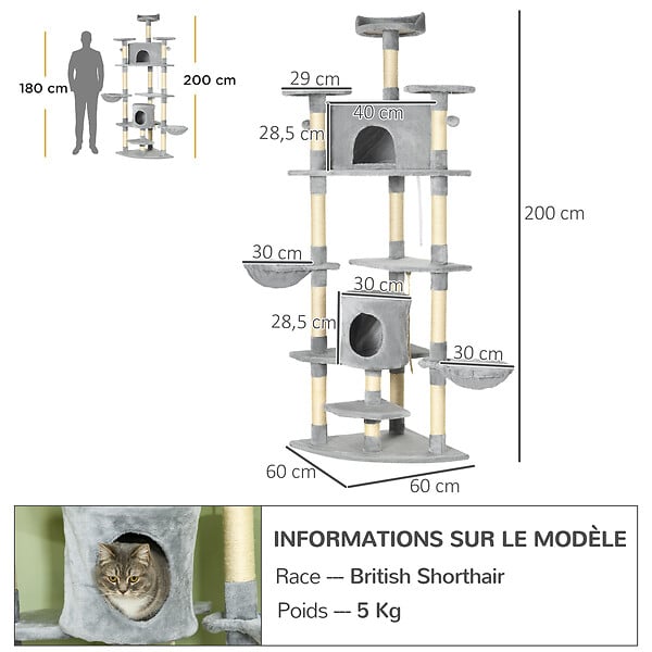 PAWHUT - Arbre à chat multi-équipement griffoirs 2 niches 2 hamacs plateformes boules suspendues corde peluche grise - large