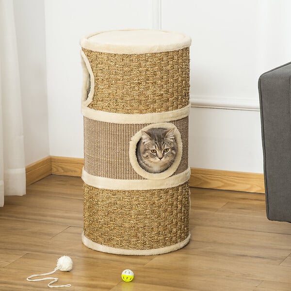 PAWHUT - Arbre à chat cylindrique - tour à griffer pour chat - arbre à chat tour - Tonneau griffoir - 3 niches + plateforme - sisal corde d'algues beige - large