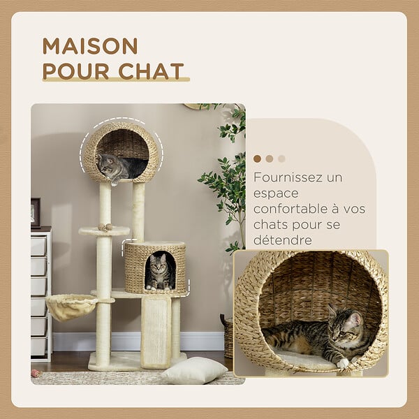 PAWHUT - Arbre à chat style cosy chic griffoirs grattoir sisal 2 grandes niches plateforme hamac peluche courte beige jacinthe d'eau - large