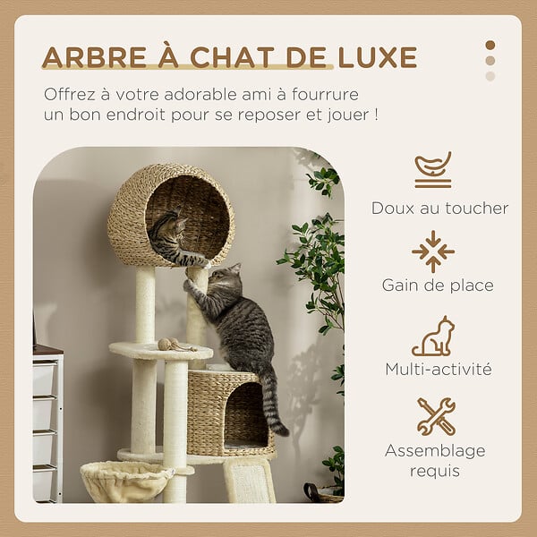 PAWHUT - Arbre à chat style cosy chic griffoirs grattoir sisal 2 grandes niches plateforme hamac peluche courte beige jacinthe d'eau - large