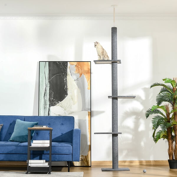 PAWHUT - Arbre à chat poteau à griffer hauteur réglable dim. 43L x 27I x 228-260H cm 4 niveaux d'activités gris clair - large
