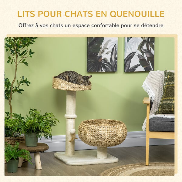 PAWHUT - Arbre à chat griffoir 2 niveaux hauteur 72 cm poteau sisal avec niche et plate-forme 1 balle suspendue beige - large