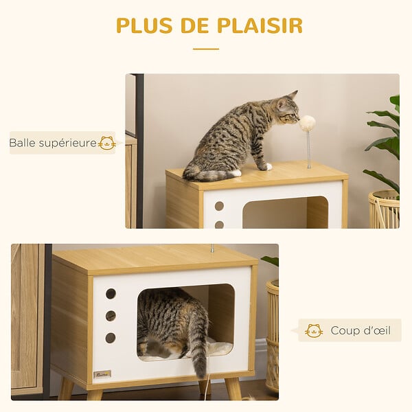 PAWHUT - Maison pour chat design poste de télévision - niche chat panier chat - coussin amovible, boule à ressort - aspect bois clair blanc - large