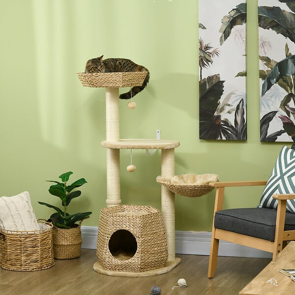 PAWHUT - Arbre à chat style cosy chic griffoirs sisal naturel niche 2 paniers avec coussins plateforme 2 boules suspendues quenouille peluche courte crème beige - large