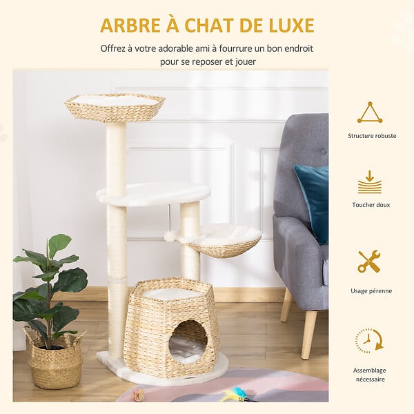 PAWHUT - Arbre à chat style cosy chic griffoirs sisal naturel niche 2 paniers avec coussins plateforme 2 boules suspendues quenouille peluche courte crème beige - large