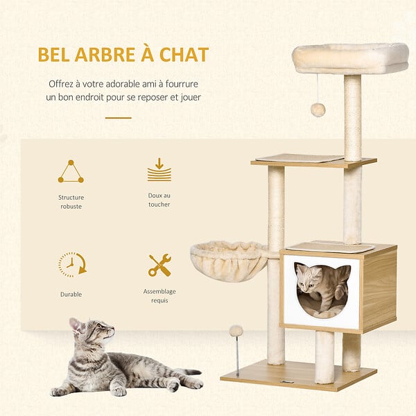 PAWHUT - Arbre à chat multi-équipement griffoirs grattoirs niche hamac panier coussins amovibles H126 cm peluche courte sisal naturel beige - large