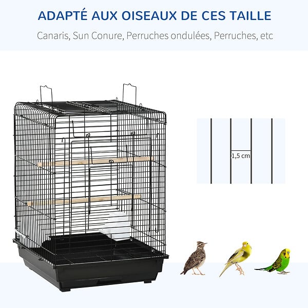 PAWHUT - Cage à oiseaux 2 mangeoires 2 perchoirs toit ouvrant plateau excrément amovible poignée transport métal PS noir - large