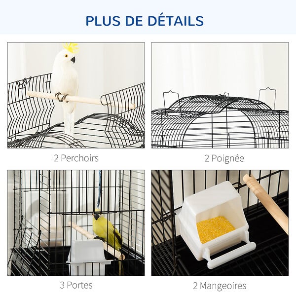 PAWHUT - PawHut Cage à oiseaux volière amovible sur roulettes - toit ouvrant, tiroir déjection, 2 perchoirs, 2 trappes, porte, 2 mangeoires, 2 poignées - étagère - acier PP noir - large