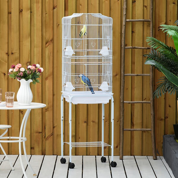PAWHUT - PawHut Cage à oiseaux sur pied volière oiseaux sur roulettes avec toit ouvrant 3 perchoirs étagère inférieure 46,5 x 36 x 157 cm - large