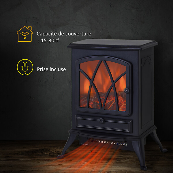HOMCOM - Cheminée électrique poêle style rétro thermostat 1000-2000 W noir - large