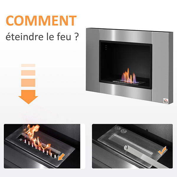 HOMCOM - Cheminée bioéthanol murale design Bauhaus 1 brûleur 0,9 L couverture 20-25 m² acier inox brossé - large