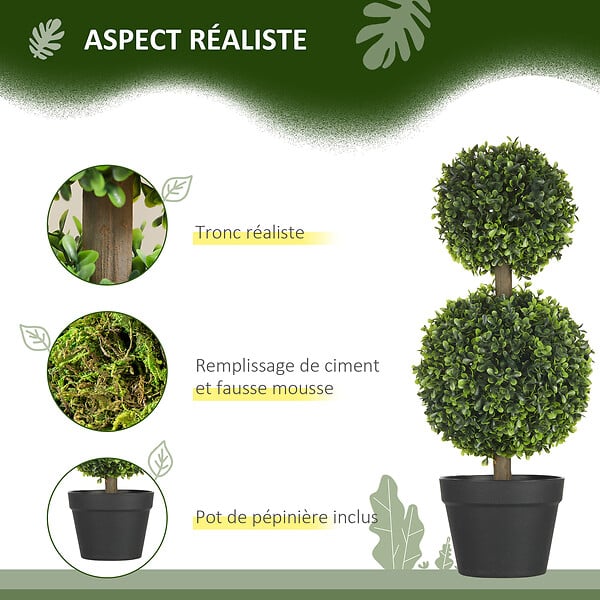 HOMCOM - Lot de 2 arbres buis artificiel double boules avec tronc et pot inclus - H.60 cm PE vert - large