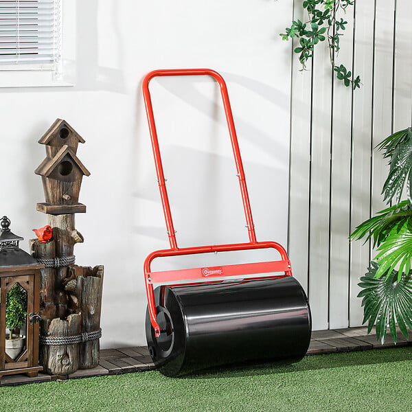 OUTSUNNY - Rouleau à  gazon jardin en acier avec poignée dim. 59L x 32l x 107H cm lestage max. 38 L rouge noir - large