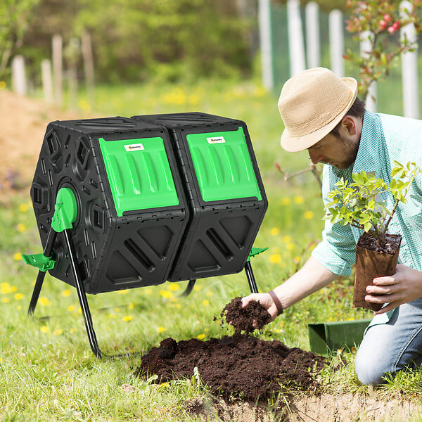 OUTSUNNY - Composteur de jardin - bac à  compost pour déchets - rotatif 360Â° - double chambre 130 L - acier PP vert noir - large
